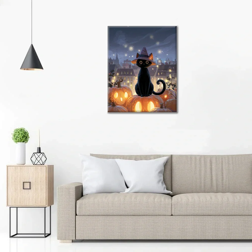 Kot-czarodziej siedzący na dyni – malowanie po numerach