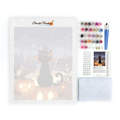 Kot-czarodziej siedzący na dyni – malowanie po numerach