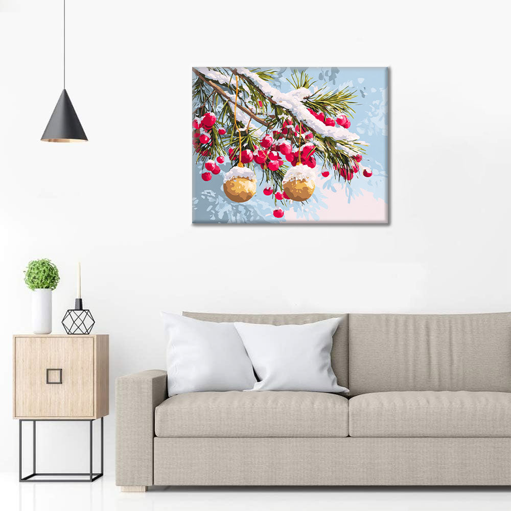 Zimowe gałęzie z ozdobami – malowanie po numerach