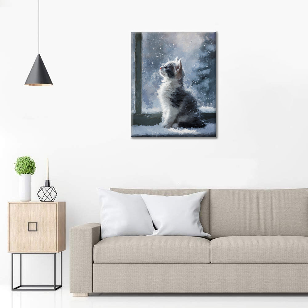 Kotek w padającym śniegu – malowanie po numerach