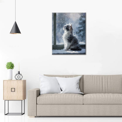 Kotek w padającym śniegu – malowanie po numerach