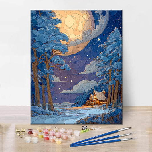 Szczegóły zestawu Moonlit Haven – malowanie po numerach - wysokiej jakości płótno i farby akrylowe