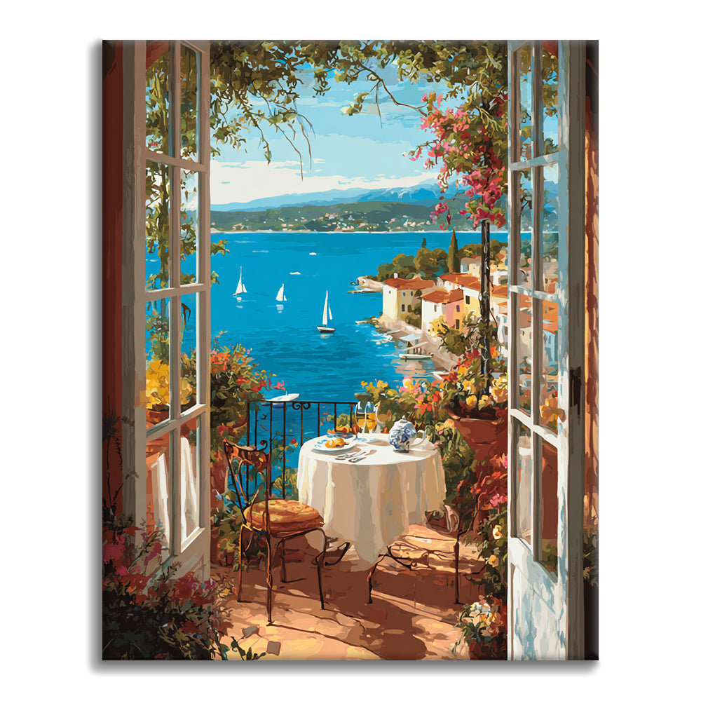 Zestaw Widok na morze z okna. - Malowanie po numerach - Cheerful Painting