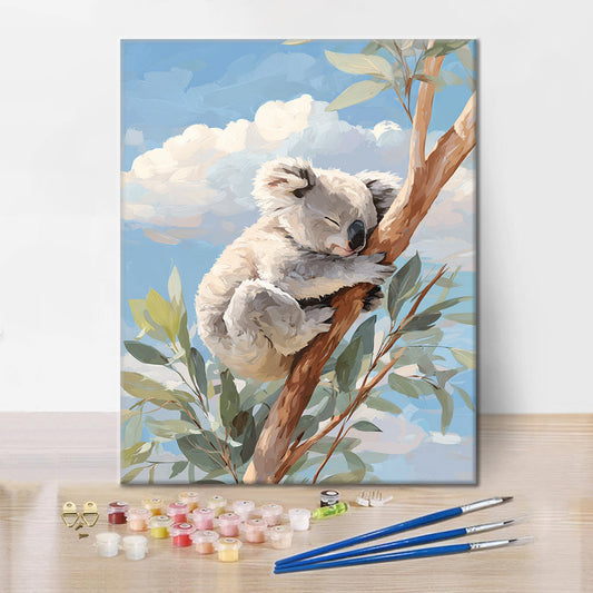 Szczegóły zestawu Odpoczywająca Koala – Malowanie po numerach - wysokiej jakości płótno i farby akrylowe