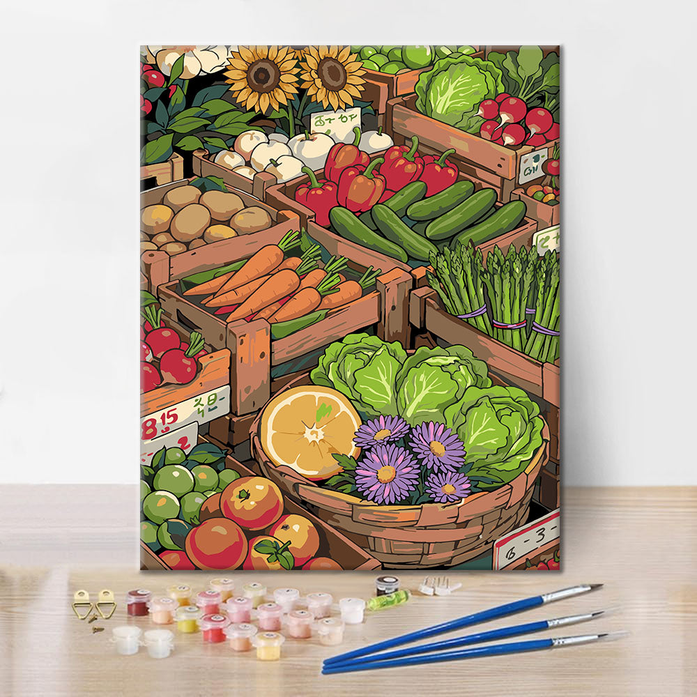 Szczegóły zestawu Słoneczny Targ Uliczny III – Malowanie po numerach - wysokiej jakości płótno i farby akrylowe