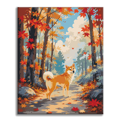 Shiba Inu w jesiennym lesie – Malowanie po numerach