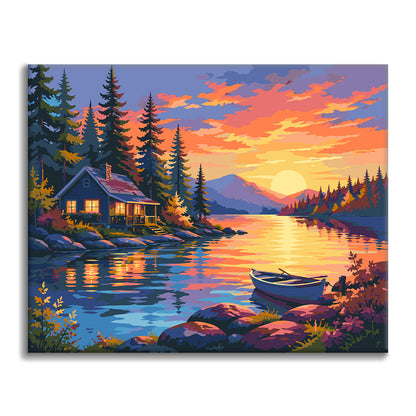 Chatka nad jeziorem o zachodzie słońca – Malowanie po numerach
