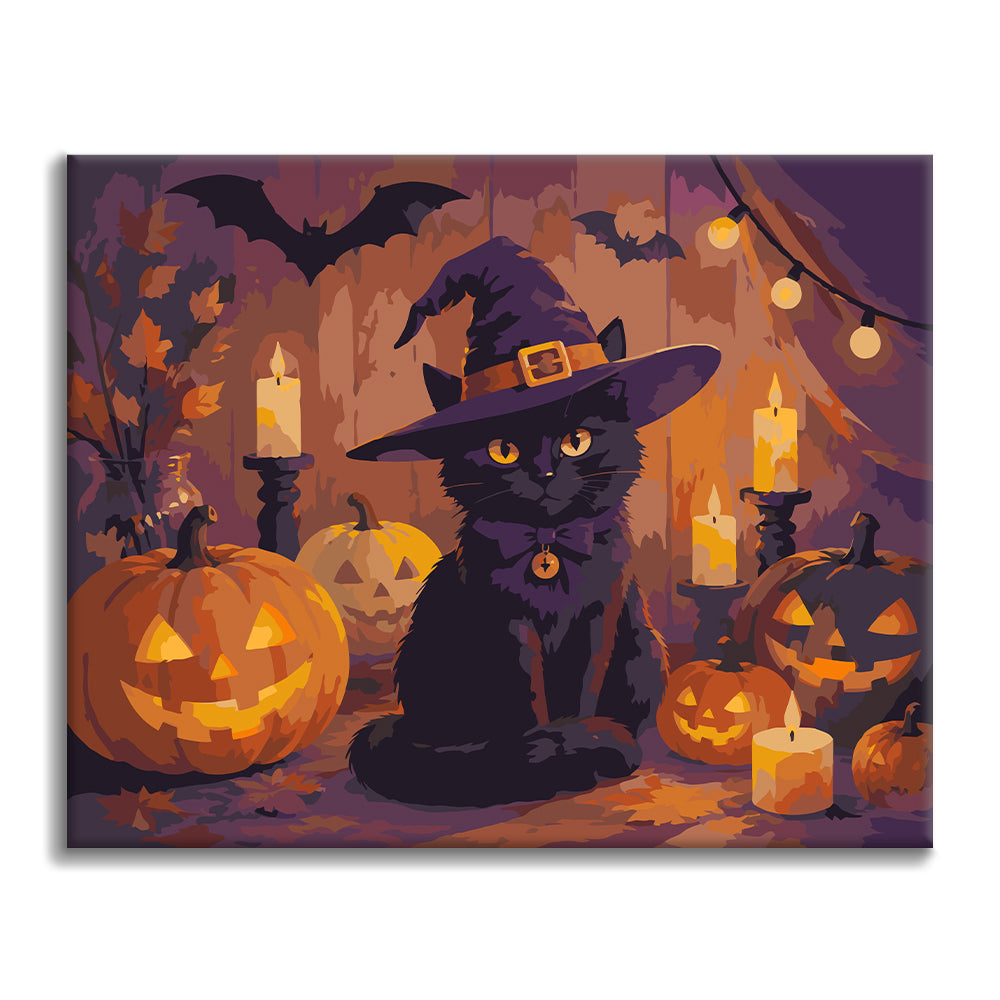 Czarny kot z halloweenowymi dyniami – Malowanie po numerach