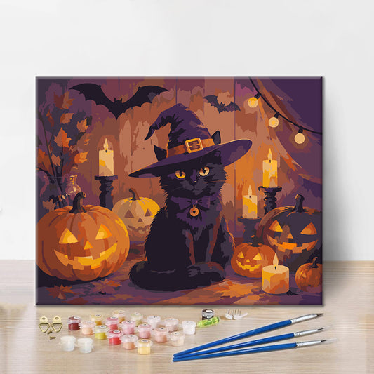 Czarny kot z halloweenowymi dyniami – Malowanie po numerach