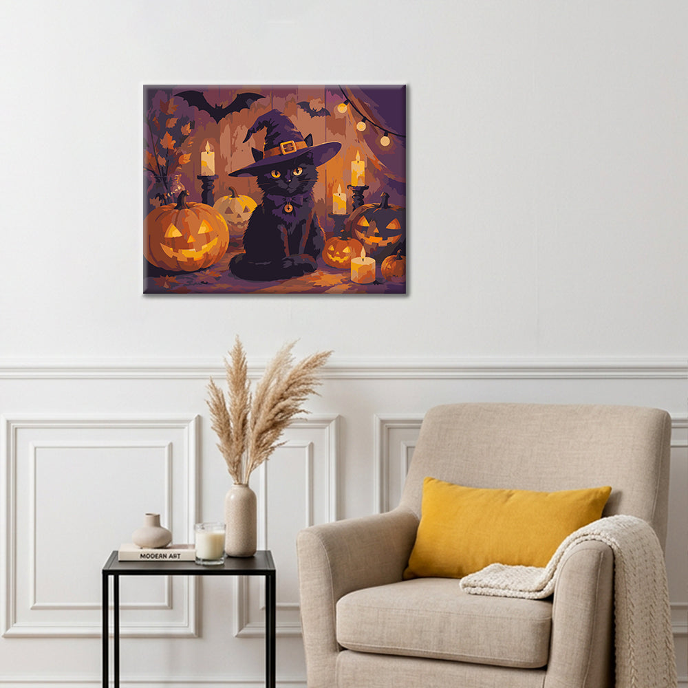 Czarny kot z halloweenowymi dyniami – Malowanie po numerach