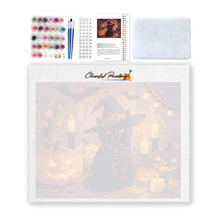 Czarny kot z halloweenowymi dyniami – Malowanie po numerach