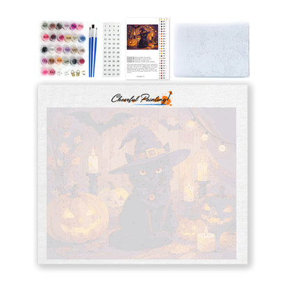 Czarny kot z halloweenowymi dyniami – Malowanie po numerach